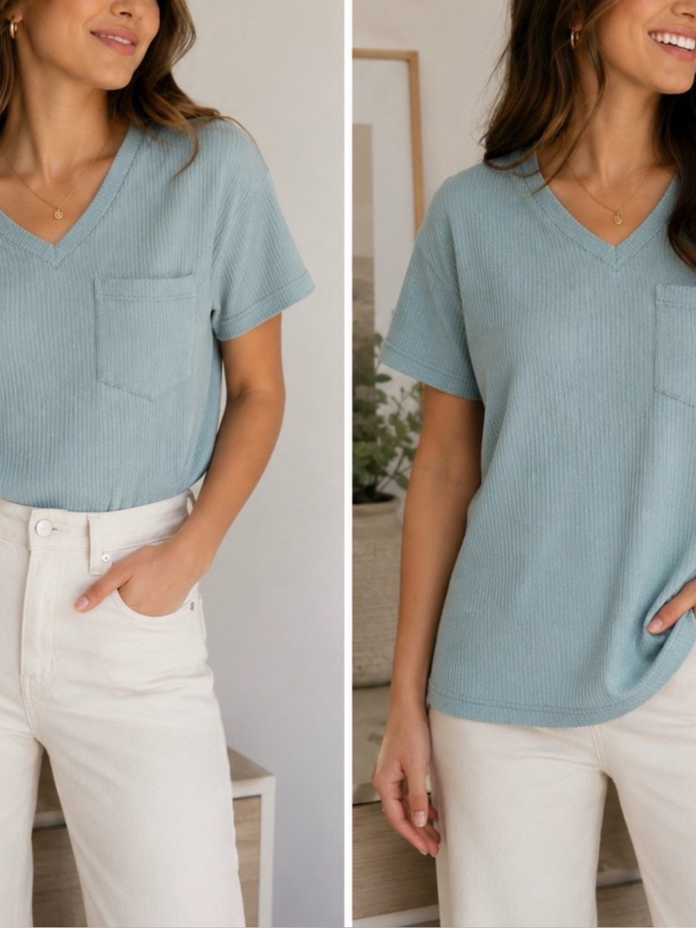 Light Green V-Neck Pocket Blouse